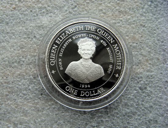 1 доллар 1994 Барбадос. Елизавета. Королева-мать. 94 года со дня рождения. Серебро