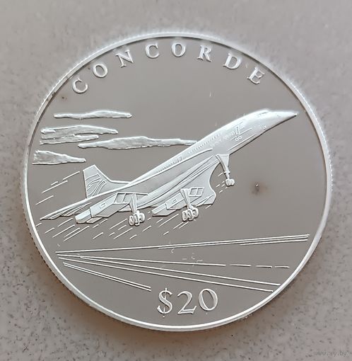 Либерия.20долларов 2000г.История авиации - Конкорд.