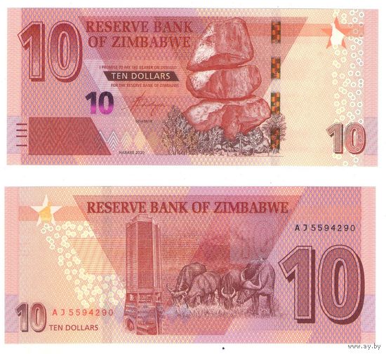 Зимбабве 10 долларов 2020 год UNC