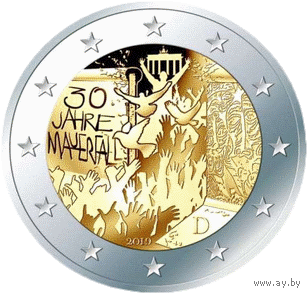 2 евро 2019 Германия F 30 лет падения Берлинской стены UNC из ролла НОВИНКА