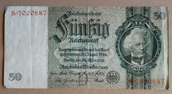 Германия, 50 марок 1933 год, Ro.175c, Р:182a, 2 тип (офсет, в/з портрет) Литеры  (Udr.-Bst.)  - F, L