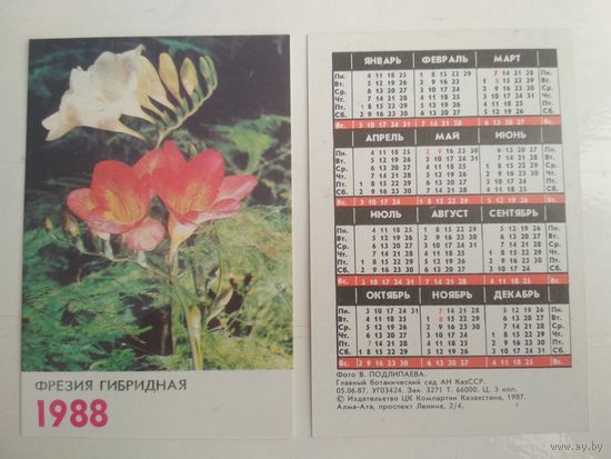 Карманный календарик. Цветы . 1988 год