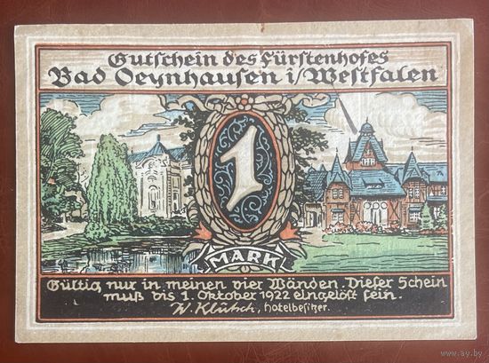 Нотгельд, Фюрстенхоф 1 марка 1922 год. Веймарская республика.