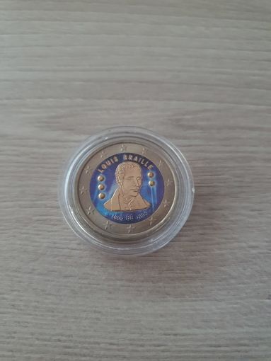 2 евро 2009 год, Бельгия Луи Брайль, ЦВЕТНАЯ в капсуле, UNC