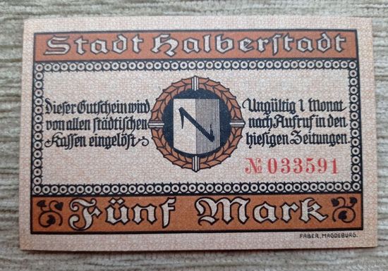Werty71 Германия 5 марок 1918 аUNC банкнота Хальберштадт