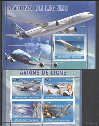Того 2010 ** Авиация Самолёты Boeing Airbus Блок + лист 4 марки