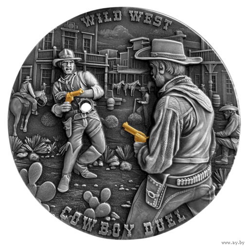 Камерун 2000 франков 2024г. "Ковбои. Дуэль". Монета в капсуле; деревянном подарочном футляре; номерной сертификат; коробка. СЕРЕБРО 62,20гр.(2 oz).