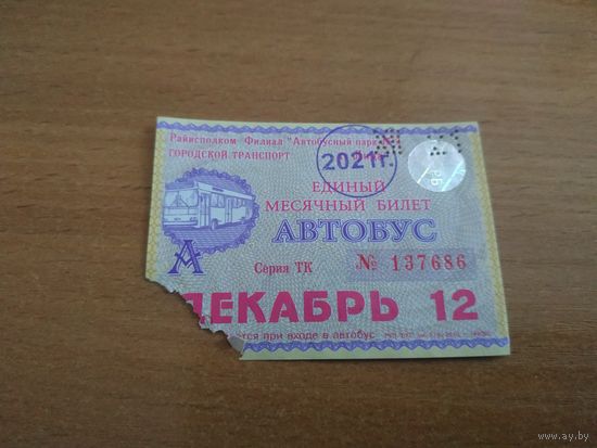 Проездной единый месячный билет. Автобус. Беларусь, Лида, декабрь месяц 2021 года.