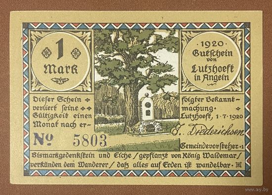 Нотгельд , 1 марка, Лютцхёфт, 1920 год. Веймарская республика