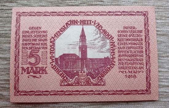Werty71 Германия 5 марок 1918 UNC банкнота  Киль 1919