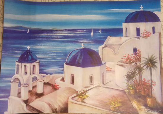Репродукция на спецбумаге тиснёной под холст Santorini Греция 50*70см