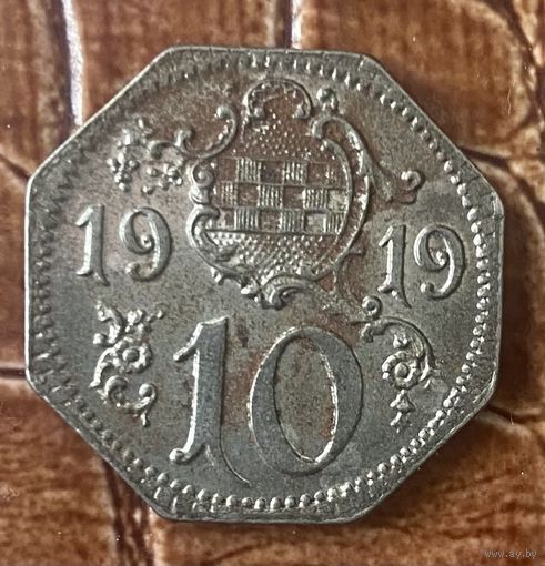 Монета 10 пфеннигов 1919 год. Хэмм. Веймарская республика.