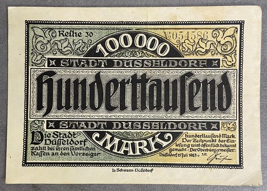 Банкнота 100000 марок 1923 год. Дюссельдорф. Веймарская республика.
