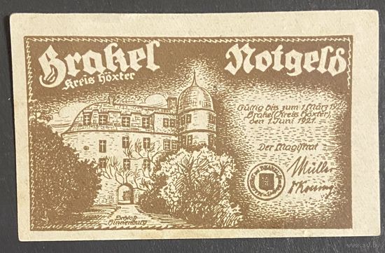 Нотгельд 50 пфеннигов 1921 год. Бракель. Веймарская республика