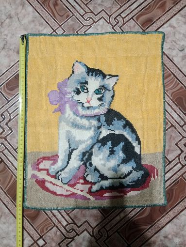 Ручная вышивка котик сельская работа времени СССР с 1 руб без мц
