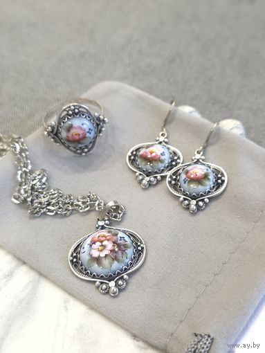 Комплект серьги, кулон и кольцо, скань, финифть, винтаж, СССР, мельхиор