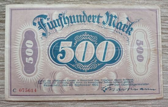 Werty71 Германия 500 марок 1922 банкнота Гроссгельд Ремшайд