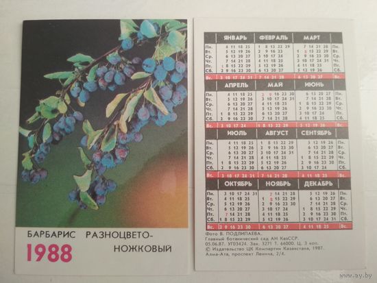 Карманный календарик. Цветы . 1988 год