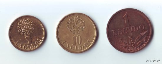 1 эскудо 1969, 5 эскудо 1993, 10 эскудо 1989. Португалия.