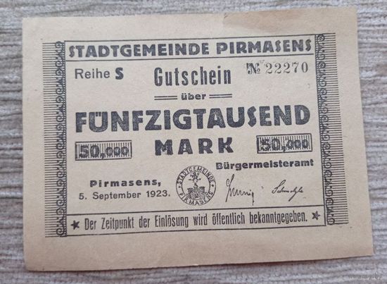Werty71 Германия 50000 марок 1923 банкнота Гроссгельд Пирмазенс