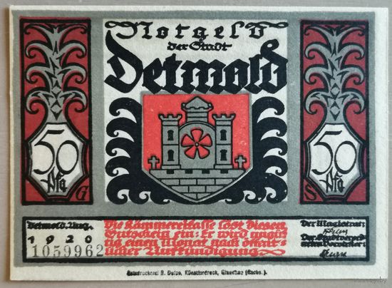 Германия 50 пфеннигов 1920 г Детмольд (Detmold) 268.10a, вар. 10, UNC