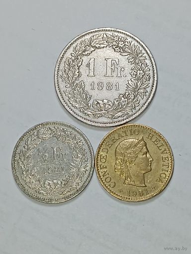 Швейцария 1 франк 1981 , 1/2 франка 1981 и 5 раппенов 1981 года .