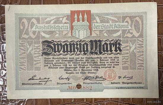 Банкнота 20 марок 1918 год. Альтона. Веймарская республика