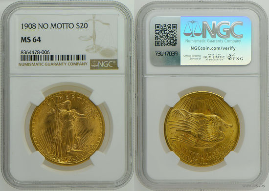 20 долларов 1908 г. NO MOTTO! США. NGC MS 64. Редкие! Золото. KM# 127