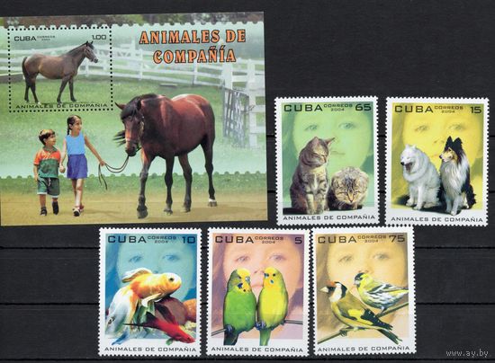 Куба 2004. Фауна. Кошки, собаки, попугаи, рыбка 5 марок+блок (4625)