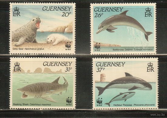 Гернси-1990(Мих.497-500) , **    , Морская Фауна, Дельфины, Акулы, Киты (полная серия)