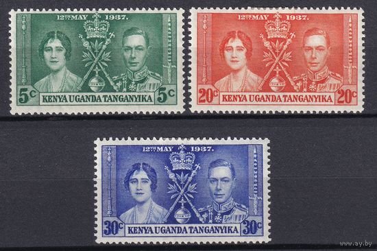 19.BrKS. Великобритания. Колонии.  Кения, Уганда и Танганьика. Коронация Георга VI и Елизаветы. 1937 г. Полная серия. Mi.##49-51.