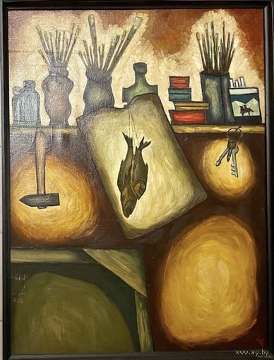 Белявский В.В;90/120см;х/м;1984г."Натюрморт с рыбой", 1984г. Холст, масло. Размер 90х120 см.