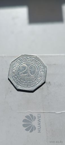 20 пфеннигов 1919 года (нотгельды) Германия  Нюрнберг Частный выпуск - Нюрнбергский трамвай. Ворота Шпиттлера. 32