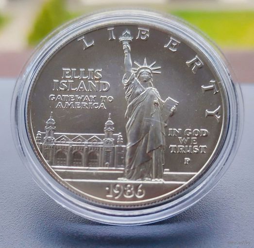 США, 1 доллар 1986 г., KM#214 (Ag900, Статуя Свободы на острове Эллис), AU