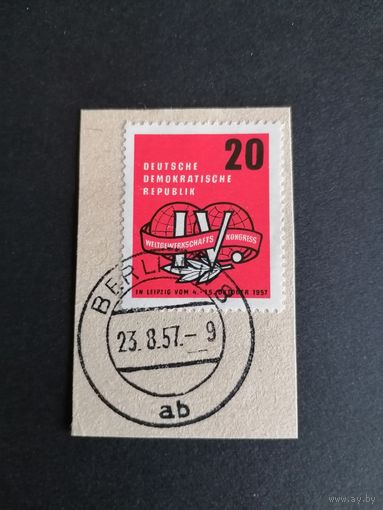 ГДР 1957 Вырезка с маркой "IV мировой конгресс профсоюзов в Лейпциге" (гашение) Mi.595 каталог 0.80 евро