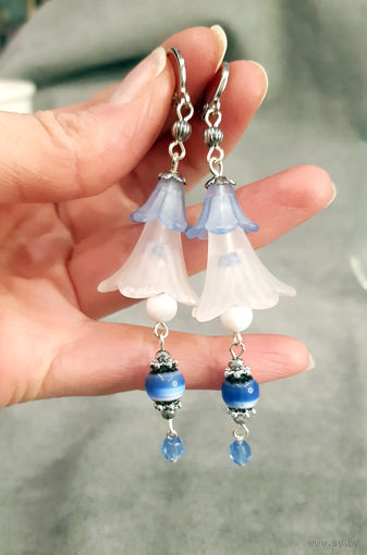 Серьги синие колокольчики, кошачий глаз, сталь