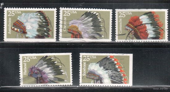 США-1990, (Мих.2098-2102),   гаш. ,Индейцы, Головные уборы  (полная серия)(1)