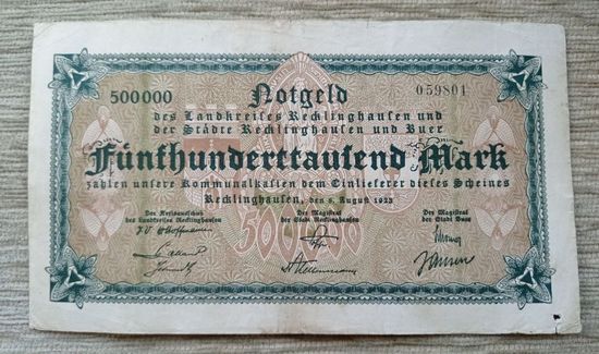 Werty71 Германия 500000 марок 1923 банкнота Вестфалия Реклингхаузен большой формат