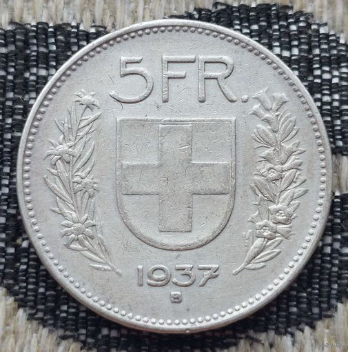 Швейцария 5 франков 1937 года, B. Серебро! Сторгуй за свою цену, предложи обмен!