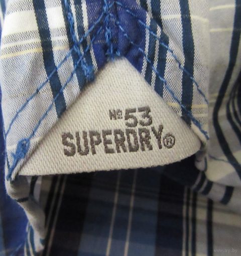 SUPERDRY Оригинал Новая Рубашка Сине Белая Клетка Нашивка Фирменные Пуговицы Логотип Красная Вышивка Хлястик Иероглифы Вешалка Воротник пристегивается