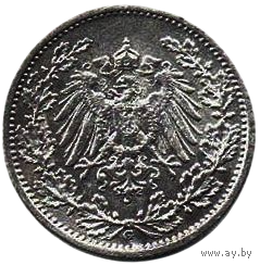 ГЕРМАНСКАЯ ИМПЕРИЯ. 1/2 МАРКИ 1905 G. Серебро