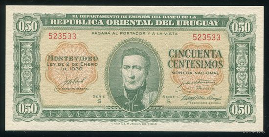 Уругвай 50 сентесимо 1939 г. P34. Серия S. UNC