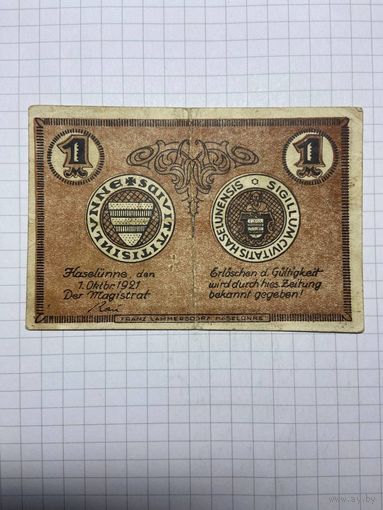 1 марки (нотгельды) г. Германия Хасселунг - 1312