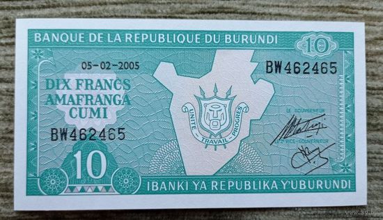 Werty71 Бурунди 10 франков 2005 UNC банкнота