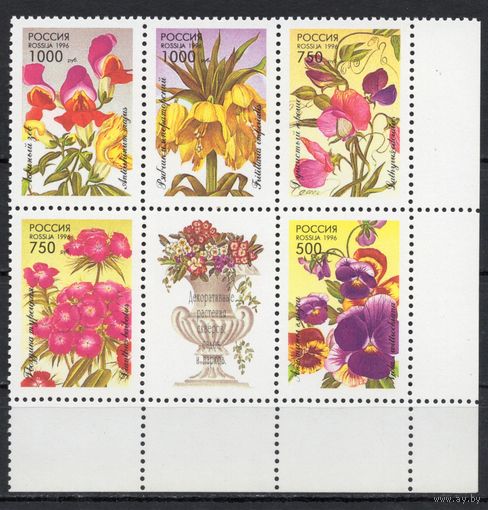 Россия 1996. Флора. Декоративные растения 5 марок+купон(152)