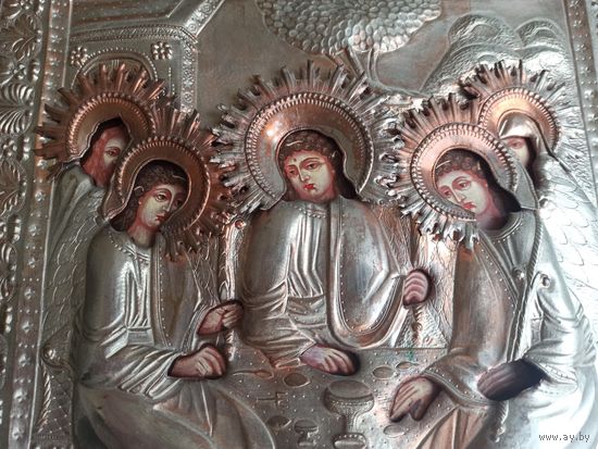Икона Троица Ветхозаветная Живоначальная. Оклад, доска. 31 см на 27 см. Торги с 1 рубля. МЦ.