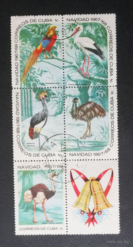 Куба 1967 год. Рождество. Птицы. Фауна Праздники, сцепка +купон, полная серия #0081-Ф1P17