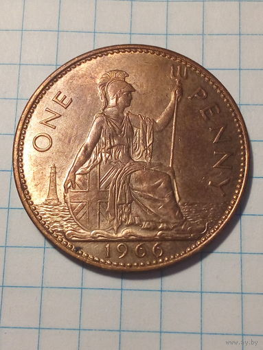 1 пенни Великобритания 1966 год.
