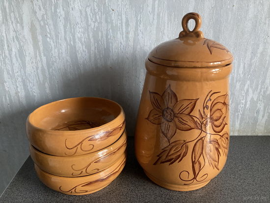 Набор СССР для меда - горшок и 3 тарелочки, керамика, роспись