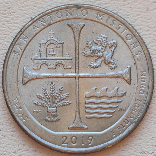 США 25 центов (квотер) 2019 P San Ant. Missions Texas